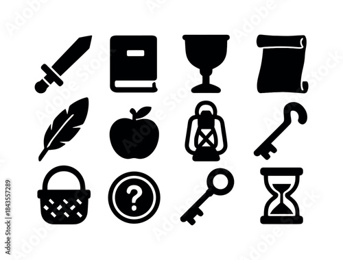 Black Props Icons. Props. Solid icon set of Props: prop sword, f