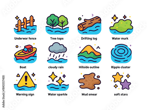 Underwater Icon Collection. Submerged Scenery. Colorful isometri