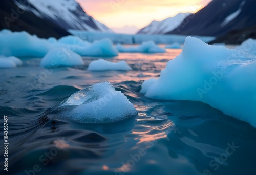 AI generated pristine glacier ice dissolving into blue mountain stream