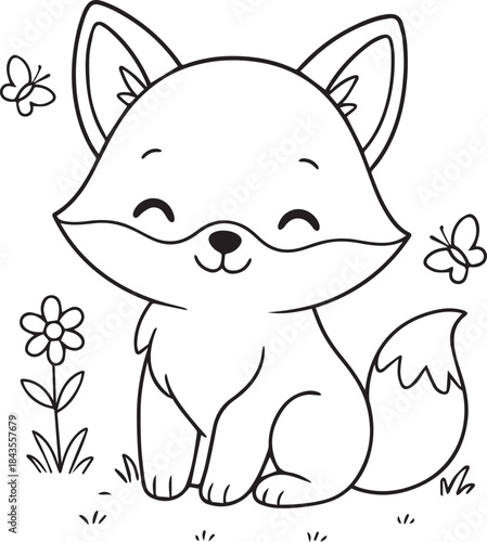 Cute Fox Coloring Page – Kawaii Animal Line Art Illustration