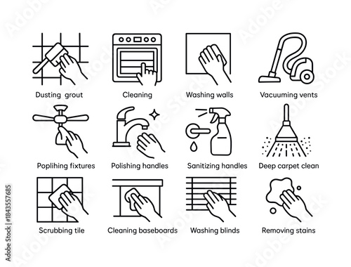 Deep Cleaning Icons. Deep cleaning tasks. Line icon set of deep