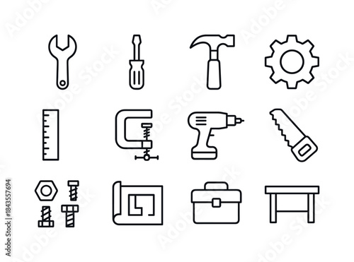 Tool Icon Set. Maker. Line icon set of Maker: wrench, screwdrive
