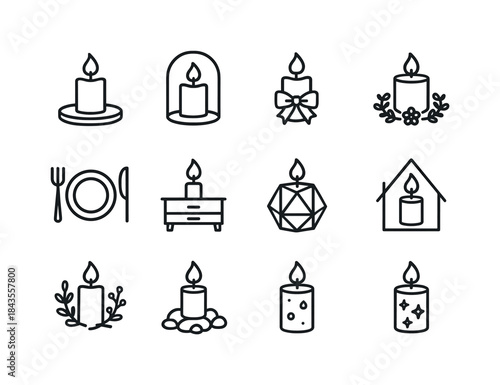 Candle Decor Icons. Candle decor. Line icon set of candle decor: