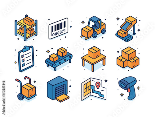Warehouse Icon Set. Warehouse Operations. Colorful isometric vec