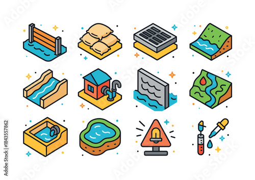 Flood Prevention Icons. flood prevention. Colorful isometric vec