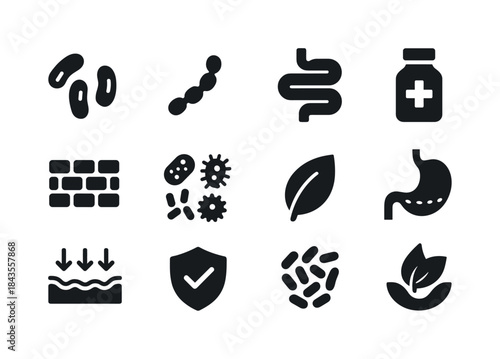 Human Gut Flora Icons. Human gut flora. Solid icon set of human