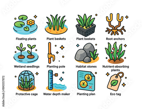 Aquatic Plant Icon Set. Aquatic Planting. Colorful isometric vec
