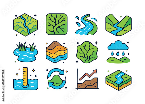 Colorful River Basin Icons. river basin. Colorful isometric vect