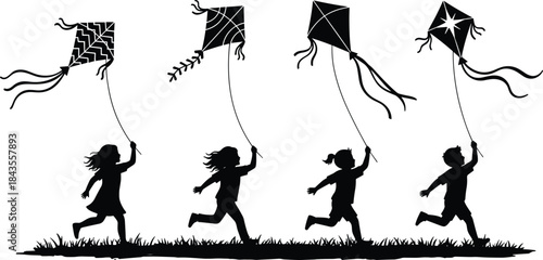 Happy Children Running and Playing with Kites on Grassy Hill Silhouettes, Vector Illustration of Freedom, Childhood Fun, and Summer Outdoor Activities