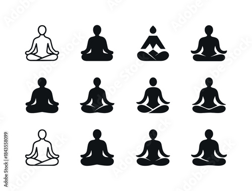 Yoga Meditation Icons. people meditating or practicing yoga for