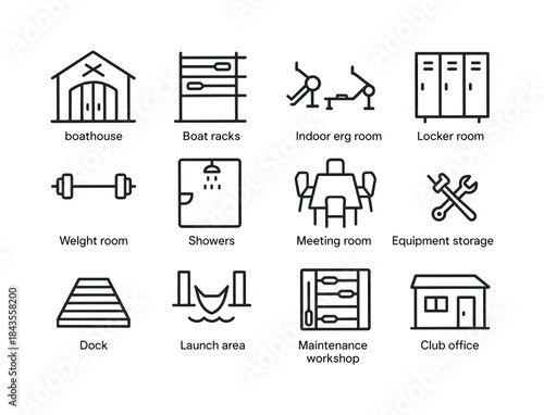 Rowing Club Icons. Rowing club facilities. Line icon set of rowi