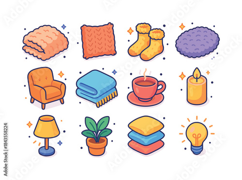 Cozy Icons Collection. Soft textures. Colorful isometric vector