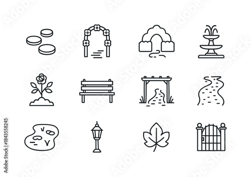 Garden Walkway Icons. Garden walkways. Line icon set of garden w