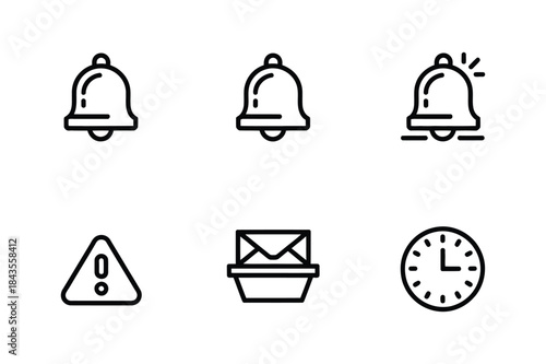 A collection of linear icons representing notifications, alerts, warnings, and time management