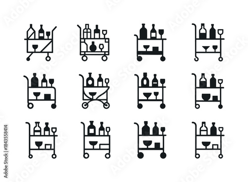 Stylish Bar Cart Icons. Stylish Bar Cart with Liquor and Glasswa
