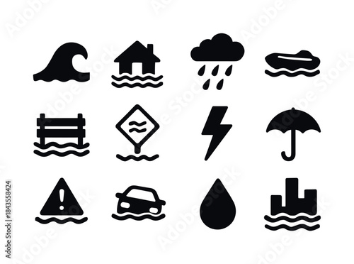 Flood Icons Collection. Flooding. Solid icon set of Flooding: wa