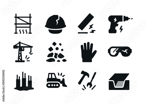 Construction Safety Icons. Construction dangers. Solid icon set