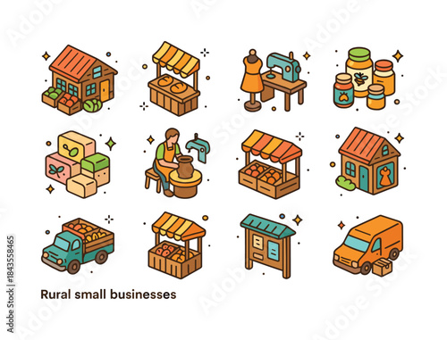 Rural Business Icons. Rural small businesses. Colorful isometric