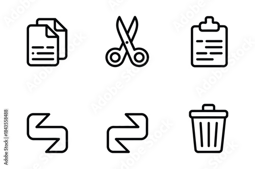 Simple black and white icons for copy, cut, paste, undo, redo, and delete actions