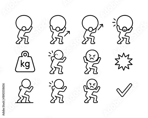 Strength Icon Set. Person lifting a giant boulder. Line icon set