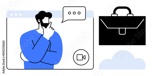 Remote work, virtual meetings, digital business, brainstorming, modern communication, cloud storage. Person thinking in a video call window, briefcase icon and a cloud. Remote work and virtual
