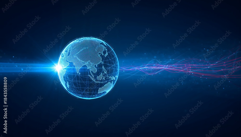 Naklejka premium Global network connection background with blue digital earth and high speed light trails