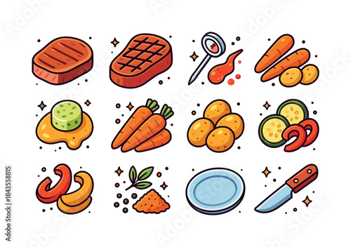 Steak Dish Icons. Close-up steak dish. Colorful isometric vector