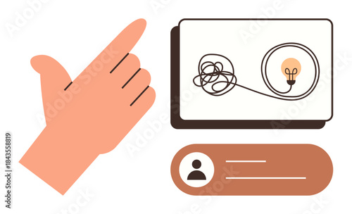 Hand pointing at untangled cord leading to light bulb on board next to user profile. Ideal for problem-solving, innovation, guidance, learning, creativity, user experience, clarity. Simple flat