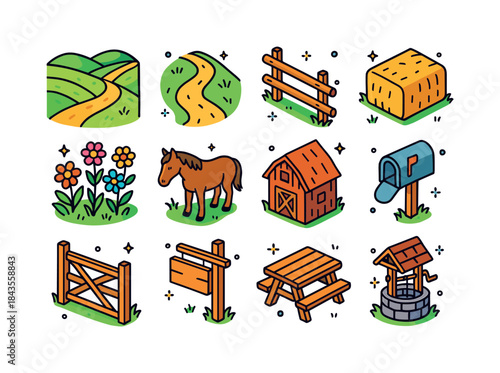 Isometric Countryside Icons. Countryside. Colorful isometric vec
