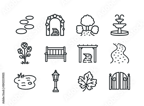 Garden Walkway Icons. Garden walkways. Line icon set of garden w