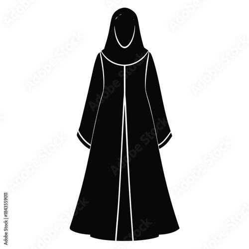 Silhouette of a walking Muslim woman wearing a hijab and abaya with flowing fabric, isolated black vector illustration in profile.