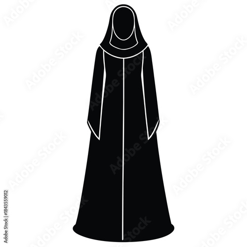 Silhouette of a walking Muslim woman wearing a hijab and abaya with flowing fabric, isolated black vector illustration in profile.