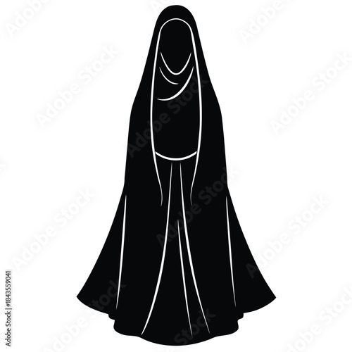 Silhouette of a walking Muslim woman wearing a hijab and abaya with flowing fabric, isolated black vector illustration in profile.