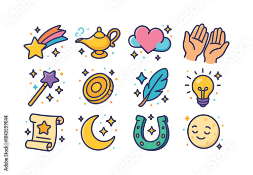 Wish Fulfillment Icons. Wish fulfillment. Colorful isometric vec