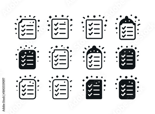 New Year's Icons Set. New year's resolutions written on paper wi