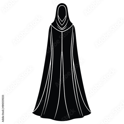 Silhouette of a walking Muslim woman wearing a hijab and abaya with flowing fabric, isolated black vector illustration in profile.