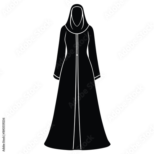 Silhouette of a walking Muslim woman wearing a hijab and abaya with flowing fabric, isolated black vector illustration in profile.