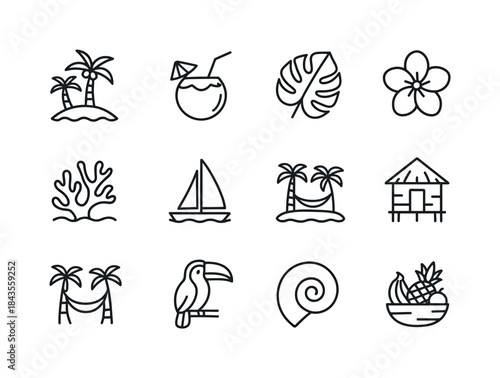 Tropical Icon Set. Tropical paradise. Line icon set of Tropical