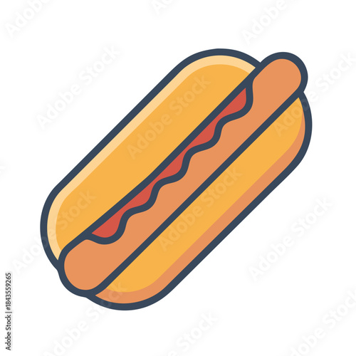 Stylized hot dog with ketchup on a white background