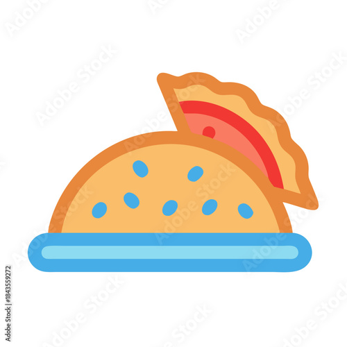 Stylized half-sandwich with fillings and blue plate icon