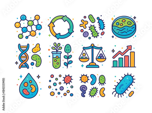 Colorful Microbial Icons. Microbial Ecosystems. Colorful isometr