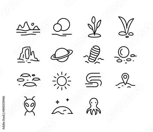 Alien Worlds Icon Set. Alien worlds. Line icon set of Alien worl