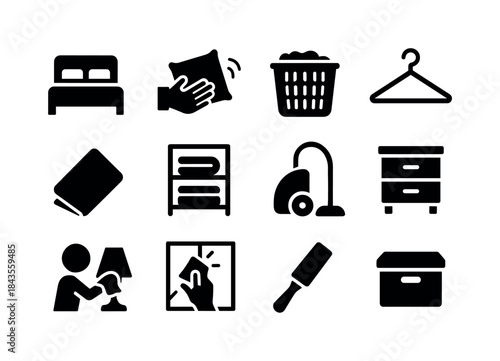 Bedroom Cleaning Icons. Bedroom cleaning. Solid icon set of bedr