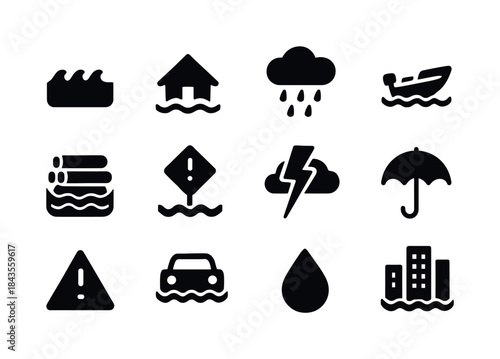 Flood Icons Collection. Flooding. Solid icon set of Flooding: wa