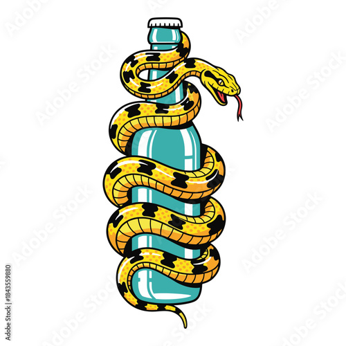 Traditional tattoo style illustration of yellow snake wrapped around blue glass bottle. Venomous serpent and potion drink vector art isolated on white background. Old school ink viper design element.