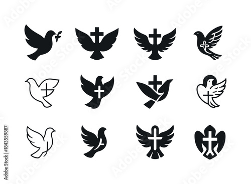 Dove Peace Logos. faith in Jesus. Icon set. Set Logo of faith in