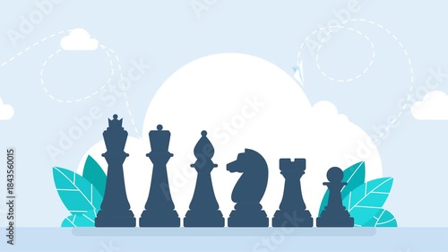 Chess pieces. Figures fall from top to bottom, one at a time. King, queen, bishop, pawn, knight, knight, rook. Icon set. Board game. Black silhouettes. Outline set of chess icons. 2D flat animation