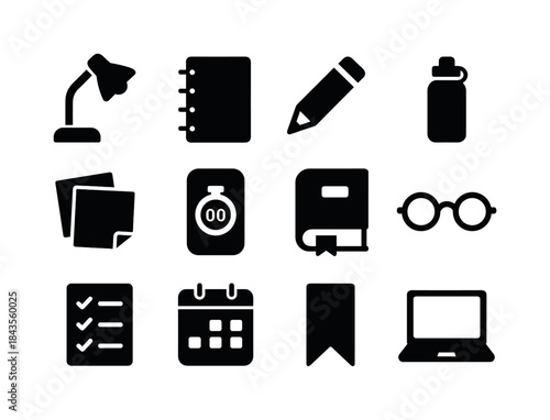 Study Essentials Icons. Study essentials. Solid icon set of stud