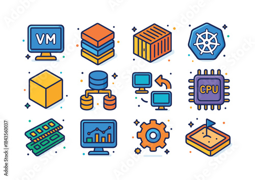 Colorful Virtualization Icons. Virtualization. Colorful isometri
