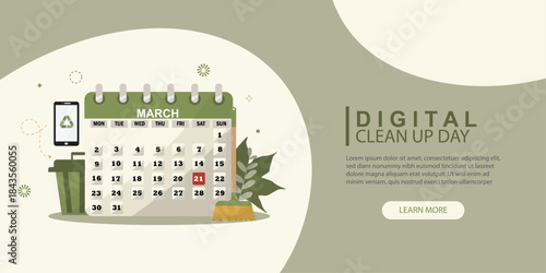 Digital clean up day March banner. Awareness campaigns and web headers. Clean up data event. For business and marketing presentation. Digital footprint. Flat style. Vector illustration
